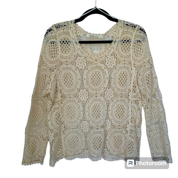 Solitaire Tops - SOLITAIRE Ladies Crochet Lace Top‎ Long Sleeve Ivory Delicate Scoop Neck SIZE L
